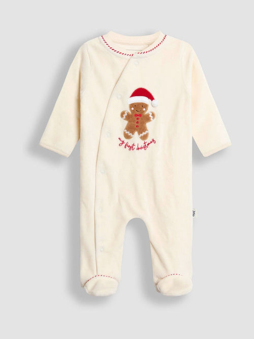 JoJo Maman Bébé Ecru My First Christmas Gingerbreadman Velour All-In-One image 1