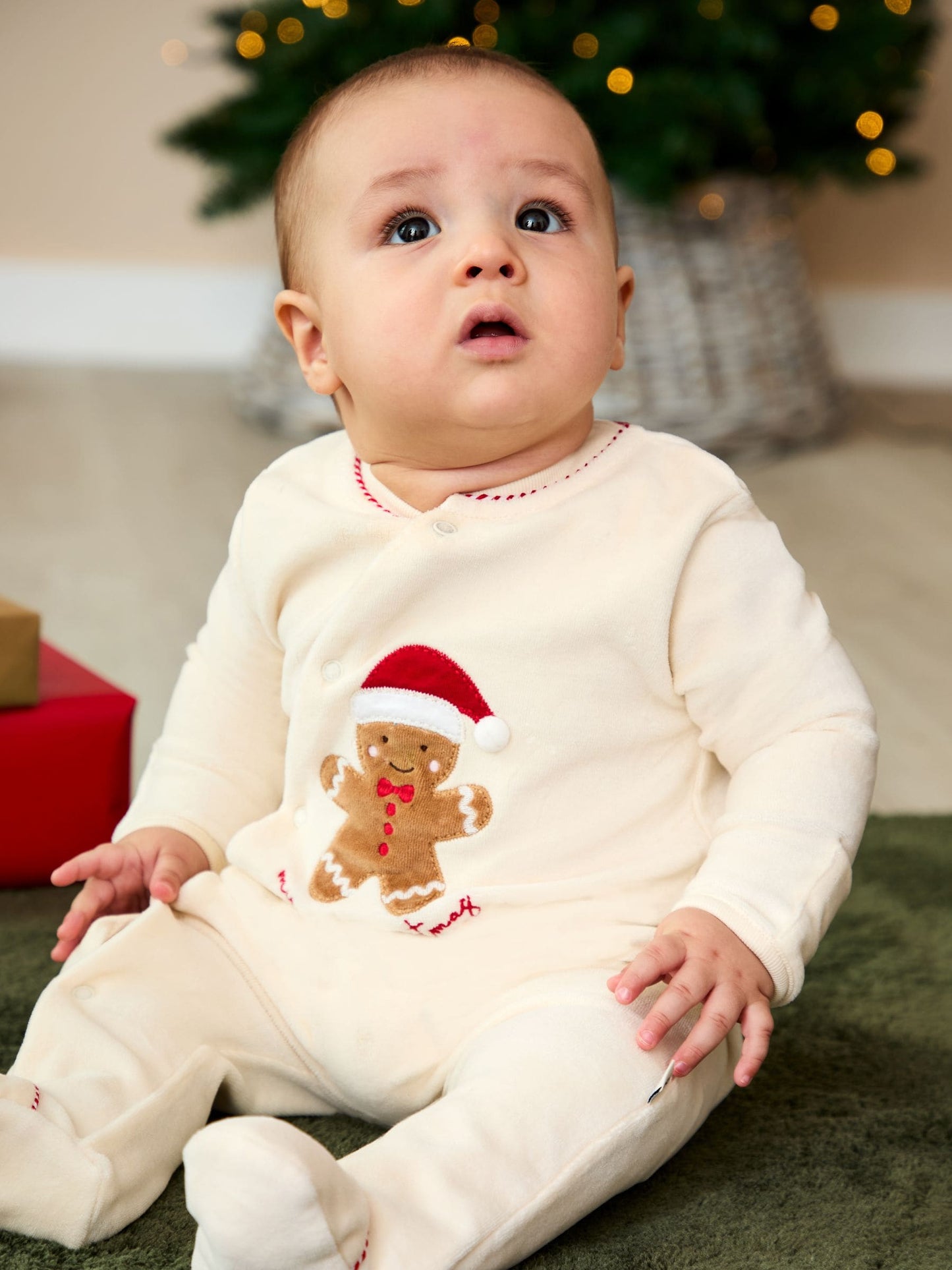 JoJo Maman Bébé Ecru My First Christmas Gingerbreadman Velour All-In-One image 2