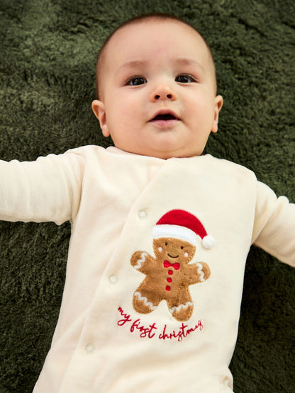JoJo Maman Bébé Ecru My First Christmas Gingerbreadman Velour All-In-One image 3