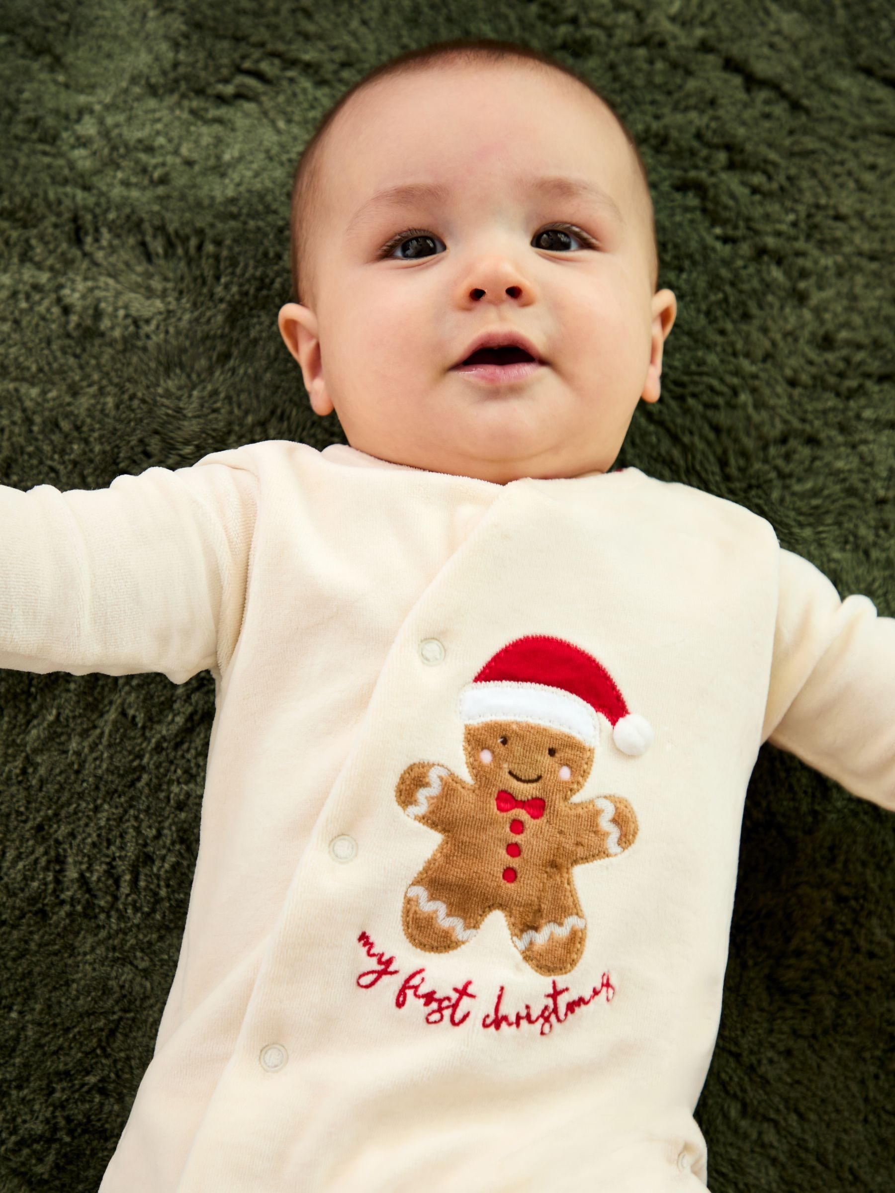 JoJo Maman Bébé Ecru My First Christmas Gingerbreadman Velour All-In-One image 3