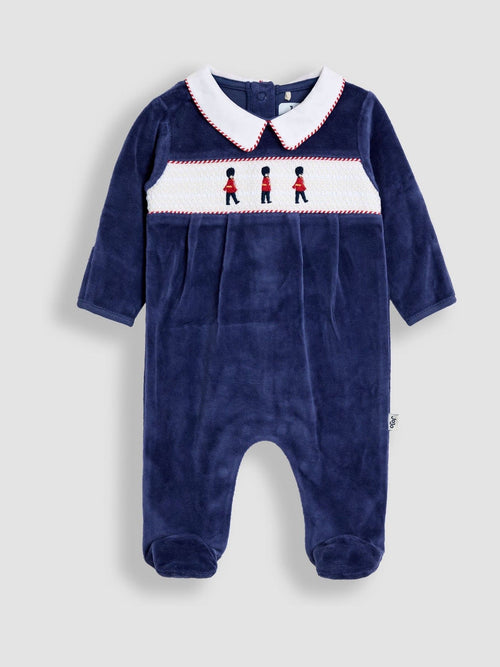 JoJo Maman Bébé Navy Soldier Smocked Velour Footed All-In-One image 1