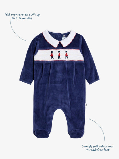 JoJo Maman Bébé Navy Soldier Smocked Velour Footed All-In-One image 3