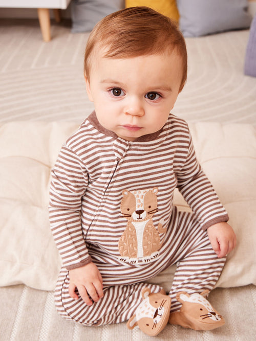 JoJo Maman Bébé Brown Striped Cheetah Stripe Appliqué Zip Footed Sleepsuit image 1