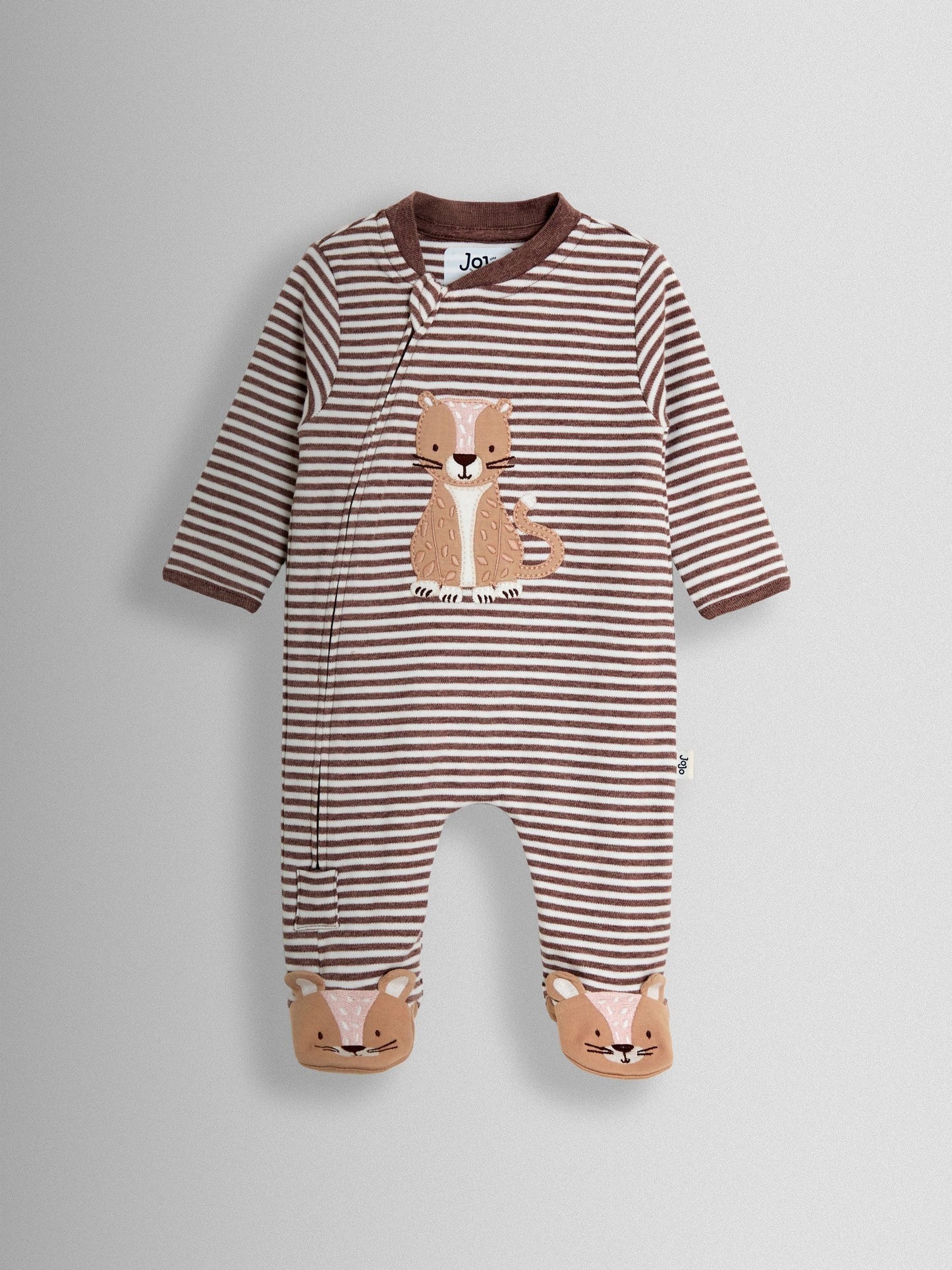JoJo Maman Bébé Brown Striped Cheetah 100% Cotton Footed Stripe Appliqué  Sleepsuit image 2