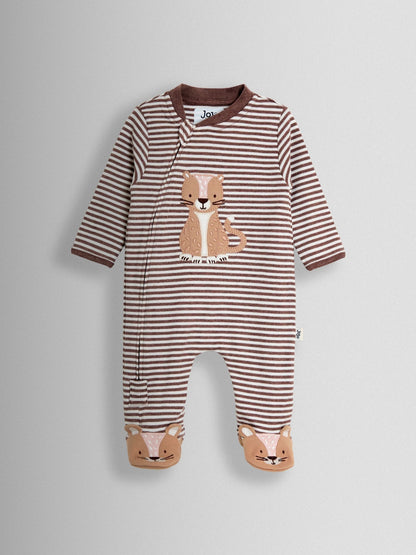 JoJo Maman Bébé Brown Striped Cheetah 100% Cotton Footed Stripe Appliqué  Sleepsuit image 2