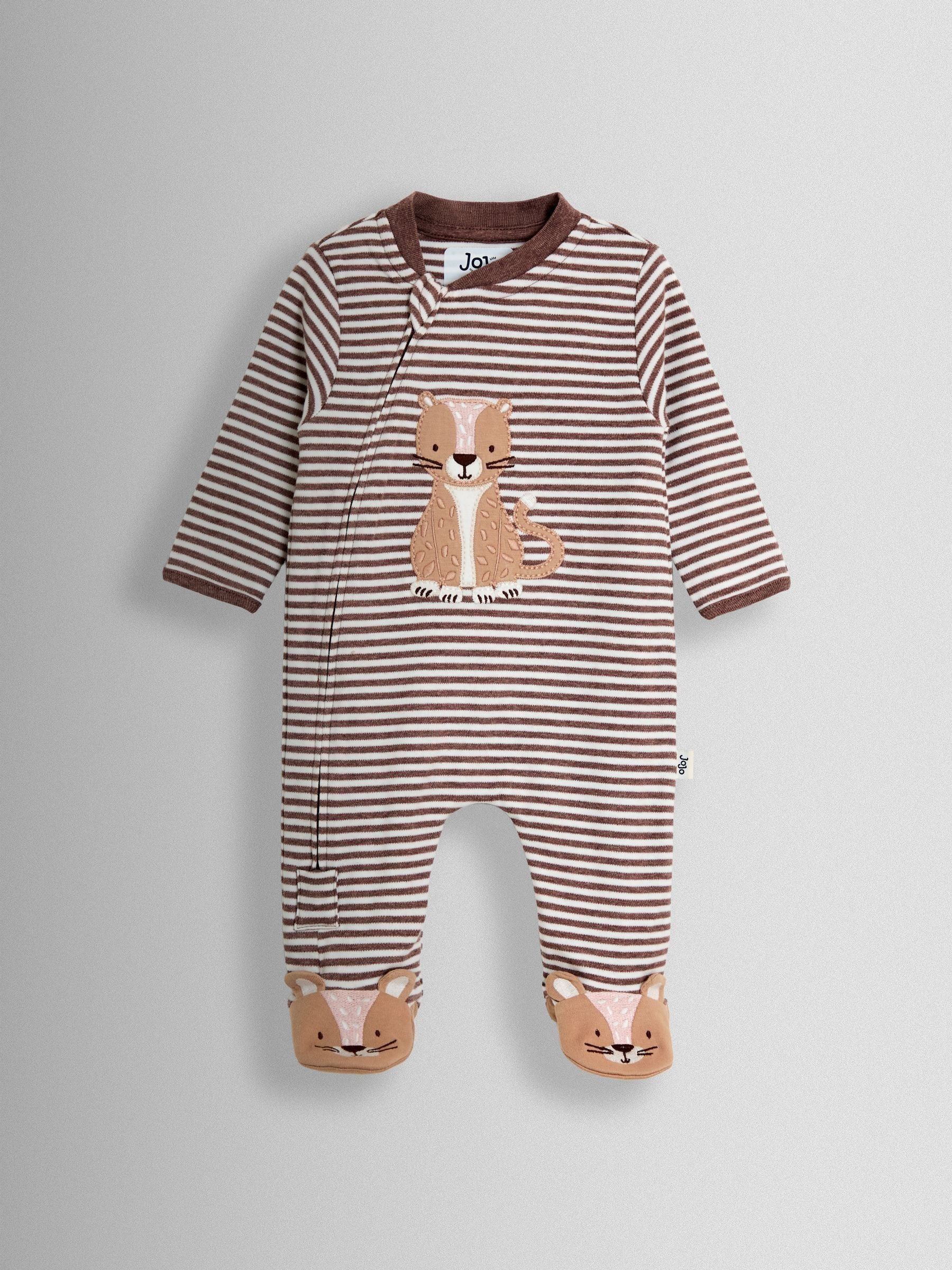 JoJo Maman Bébé Brown Striped Cheetah 100% Cotton Footed Stripe Appliqué  Sleepsuit image 2