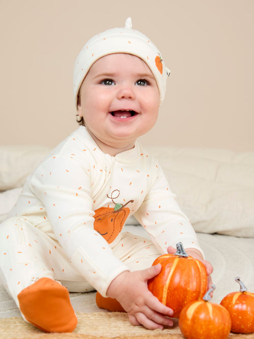 JoJo Maman Bébé Cream Speckled Pumpkin Appliqué Sleepsuit & Hat Set image 1