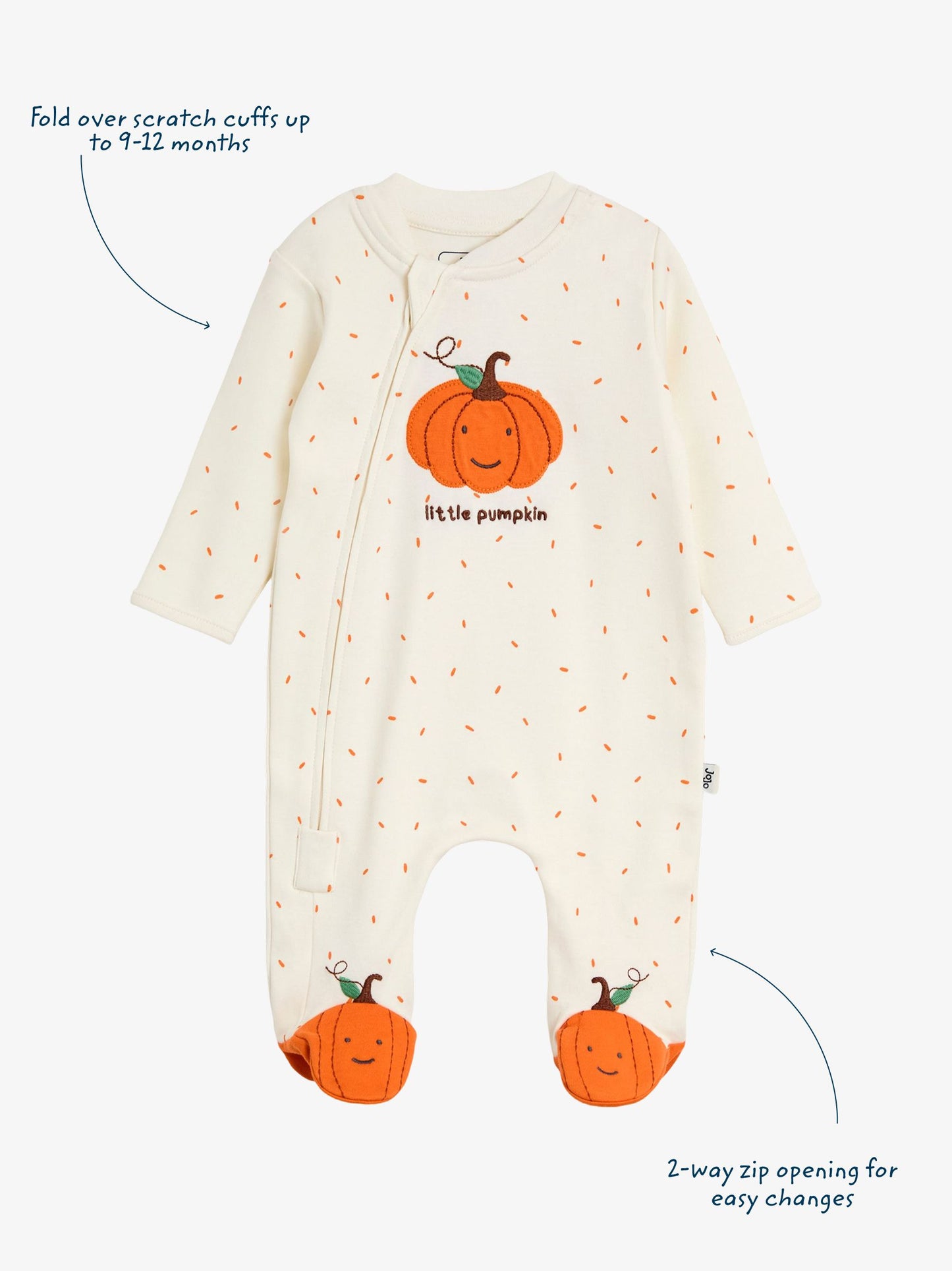 JoJo Maman Bébé Cream Speckled Pumpkin Appliqué Sleepsuit & Hat Set image 3