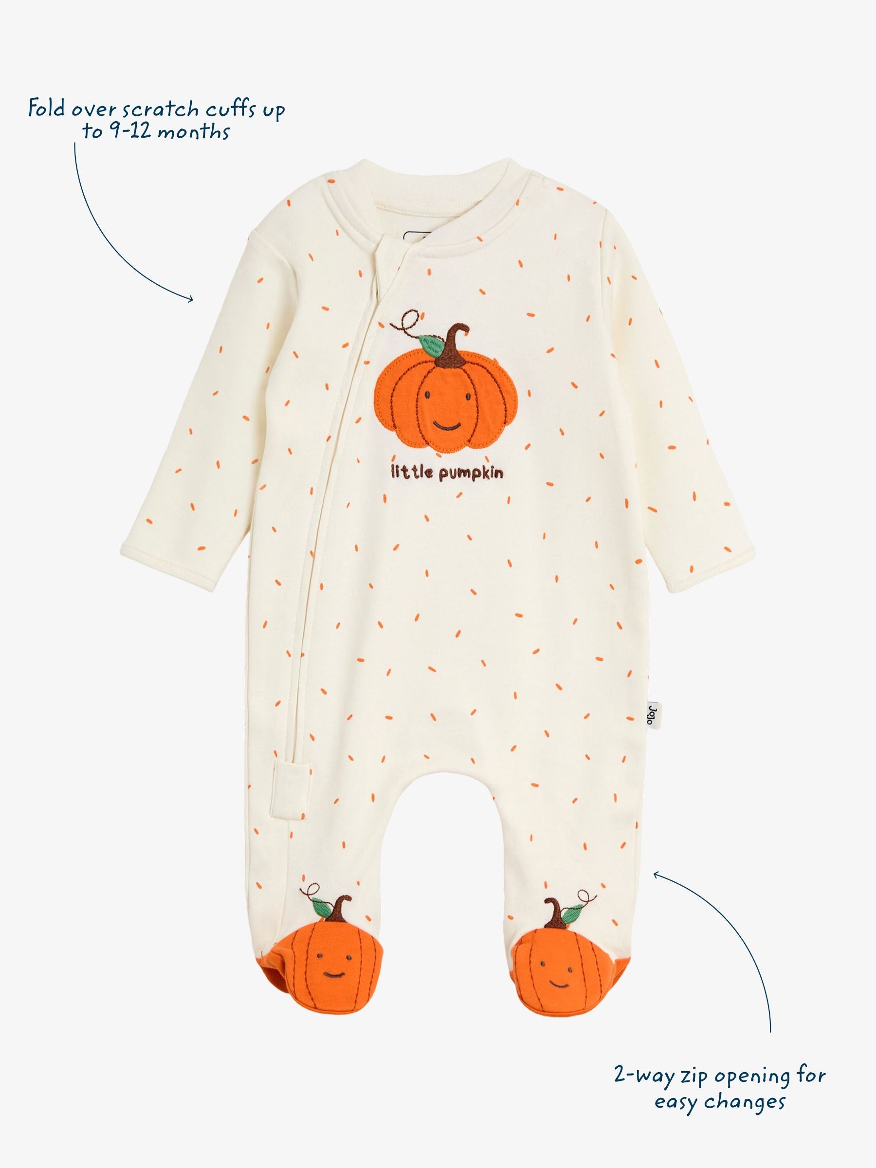 JoJo Maman Bébé Cream Speckled Pumpkin Appliqué Sleepsuit & Hat Set image 3