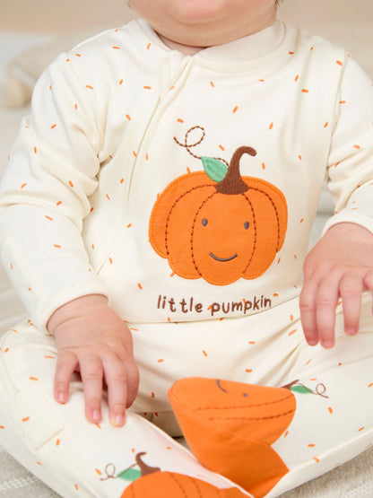 JoJo Maman Bébé Cream Speckled Pumpkin Appliqué Sleepsuit & Hat Set image 4