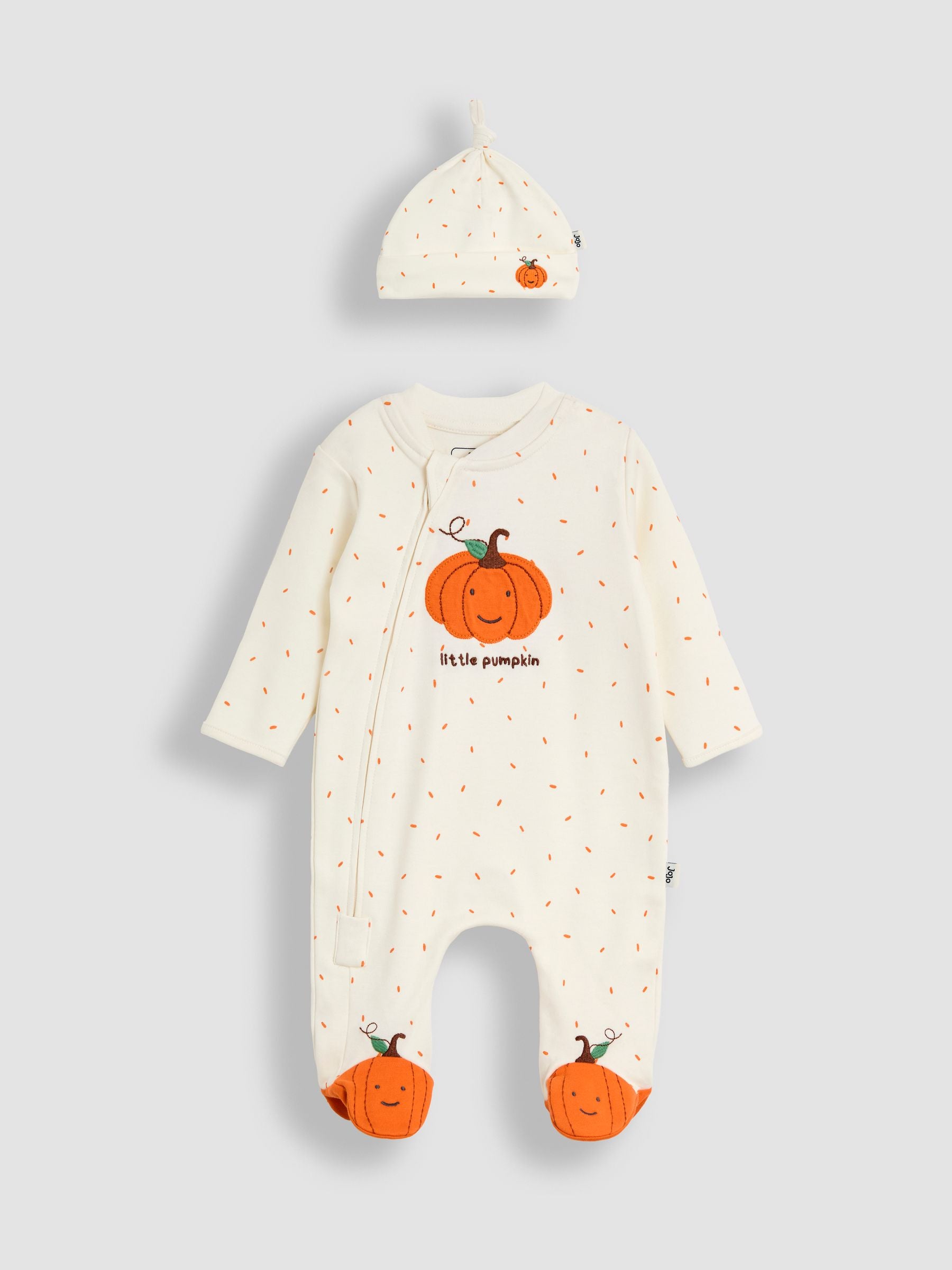 JoJo Maman Bébé Cream Speckled Pumpkin Appliqué Sleepsuit & Hat Set image 6