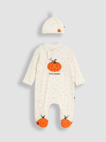 JoJo Maman Bébé Cream Speckled Pumpkin Appliqué Sleepsuit & Hat Set image 6