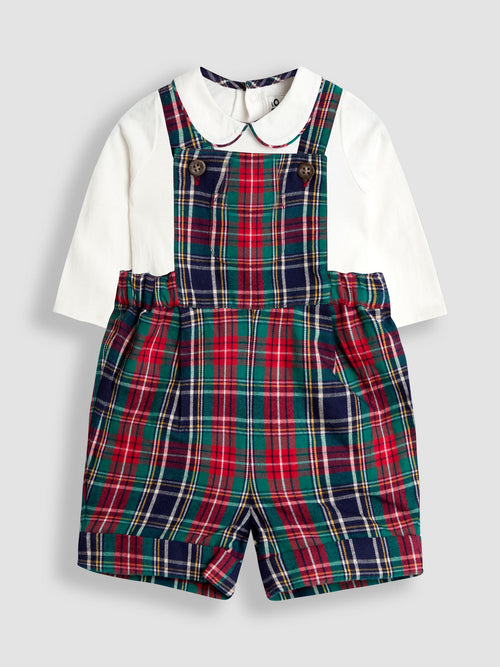 JoJo Maman Bébé Navy Blue Check 2-Piece Tartan Dungarees & Body Set image 1