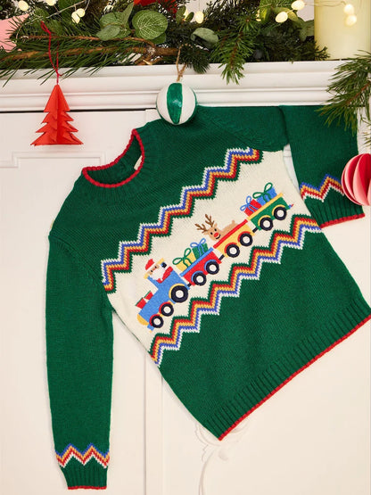 JoJo Maman Bébé Green Santa & Reindeer Christmas Jumper