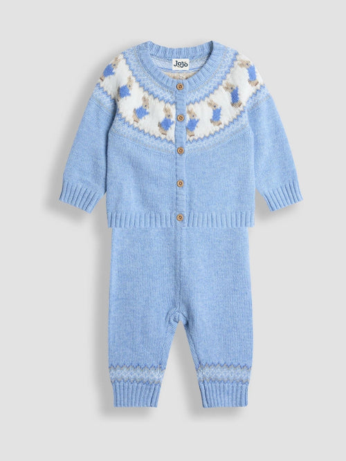 JoJo Maman Bébé Blue Fair isle Knit Cardigan & Bottom Set image 1