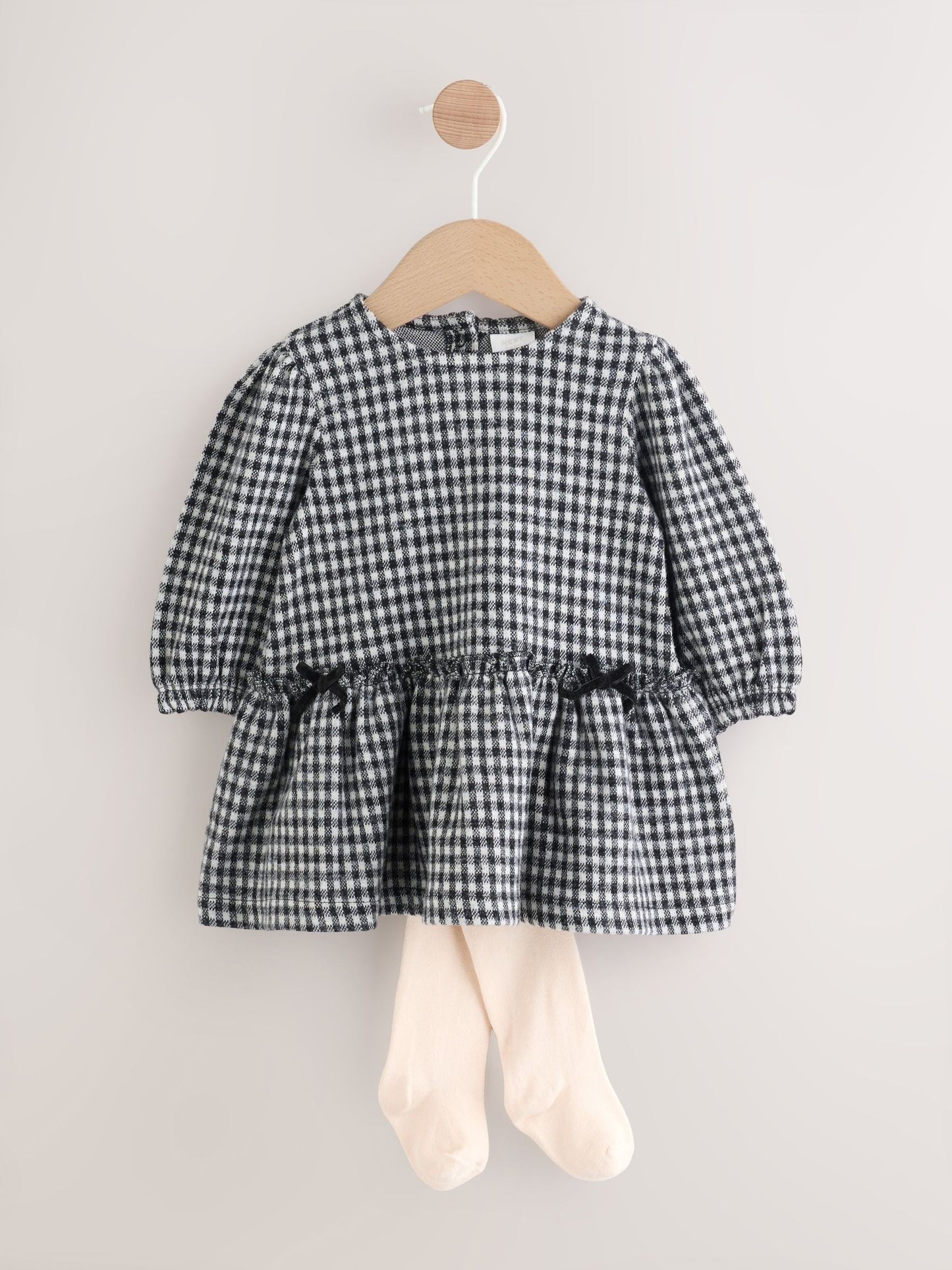 Black/Grey Gingham Baby Long Sleeve Tiered Dress with Tights (0mths-2yrs)