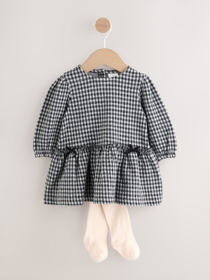 Black/Grey Gingham Baby Long Sleeve Tiered Dress with Tights (0mths-2yrs)
