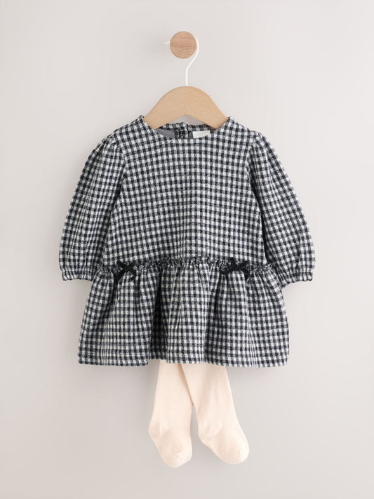 Black/Grey Gingham Baby Long Sleeve Tiered Dress with Tights (0mths-2yrs)