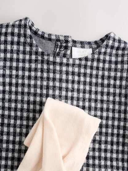 Black/Grey Gingham Baby Long Sleeve Tiered Dress with Tights (0mths-2yrs)