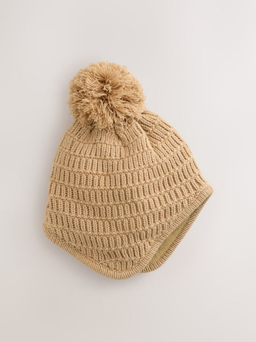Natural Borg Baby Knitted Trapper Hat With Pom (0mths-2yrs) image 1
