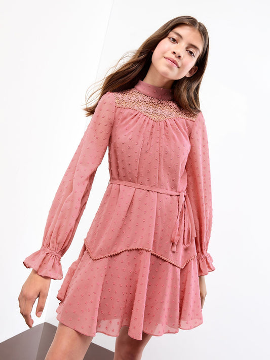 Lipsy Pink Long Sleeve Lace Yoke Dress (5-16yrs) - image 1