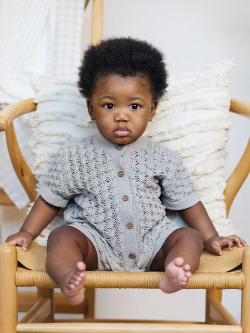 The Little Tailor Natural Baby Scallop Design Pointelle Button Through 100% Cotton Romper image 1