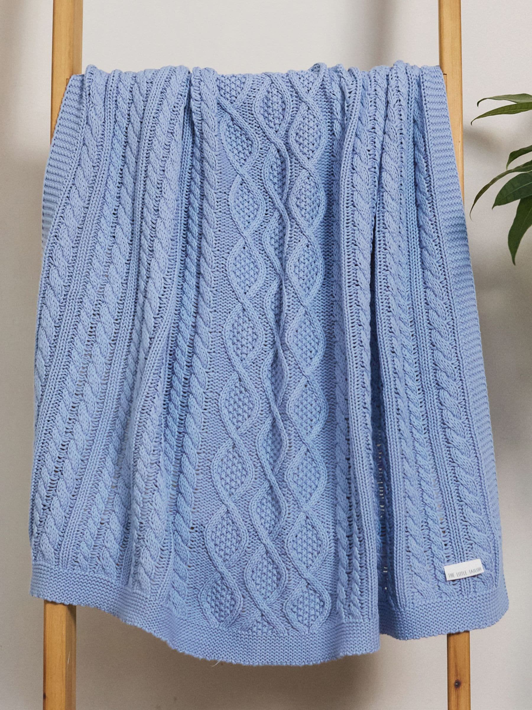 The Little Tailor Blue Fisherman Cable Knitted 100% Cotton Blanket image 1
