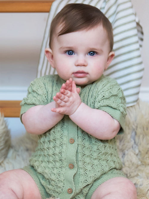 The Little Tailor Green Baby Scallop Design Pointelle Button Through 100% Cotton Romper image 1