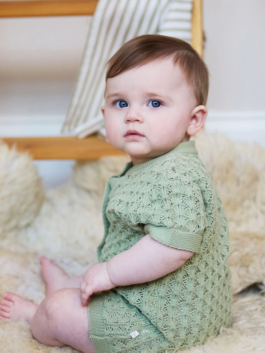 The Little Tailor Green Baby Scallop Design Pointelle Button Through 100% Cotton Romper image 2