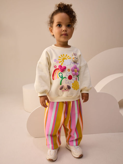 Cream Stripe Padded Characters Sweatshirt and Barrel Leg Joggers Set (3mths-7yrs) image 1