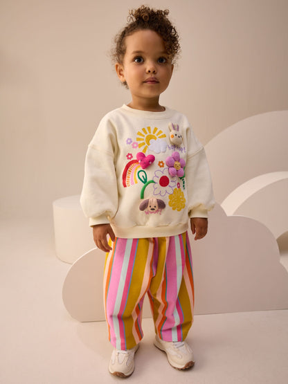 Cream Stripe Padded Characters Sweatshirt and Barrel Leg Joggers Set (3mths-7yrs) image 1
