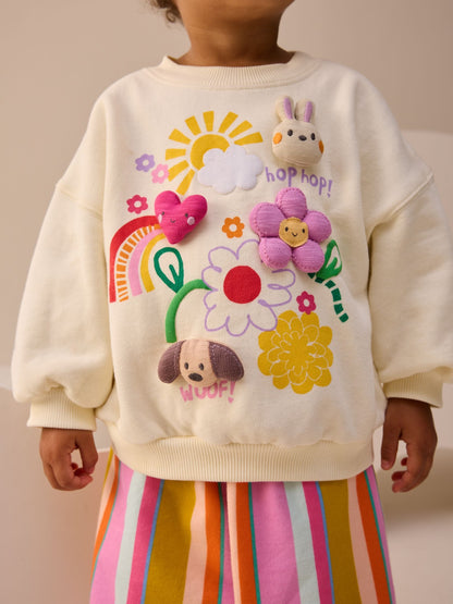 Cream Stripe Padded Characters Sweatshirt and Barrel Leg Joggers Set (3mths-7yrs) image 3