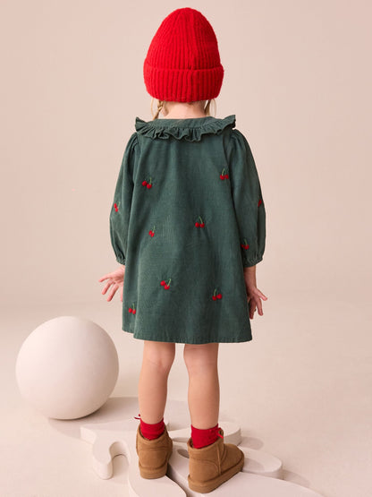 Dark Green Cherry Embroidered Cord Long Sleeve Dress (3mths-8yrs)