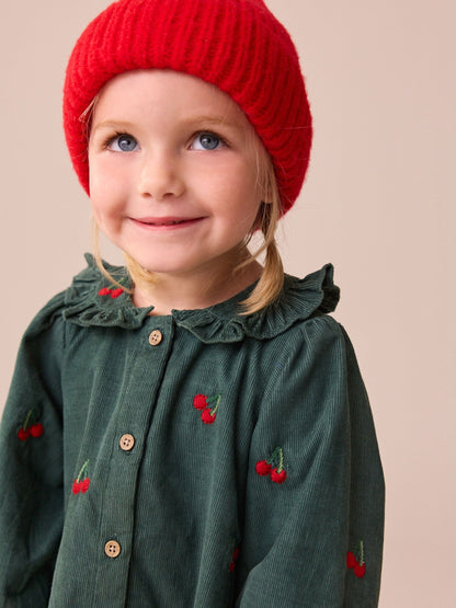 Dark Green Cherry Embroidered Cord Long Sleeve Dress (3mths-8yrs)