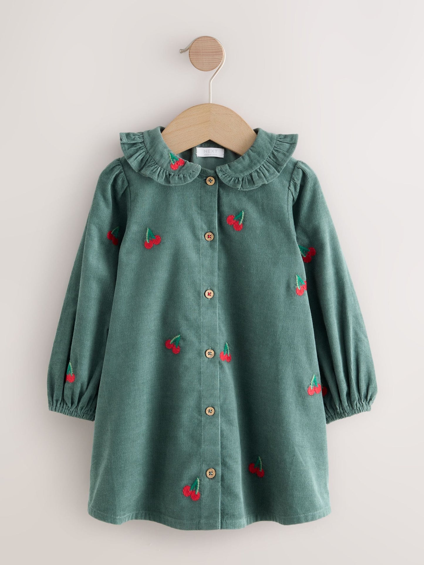 Dark Green Cherry Embroidered Cord Long Sleeve Dress (3mths-8yrs)