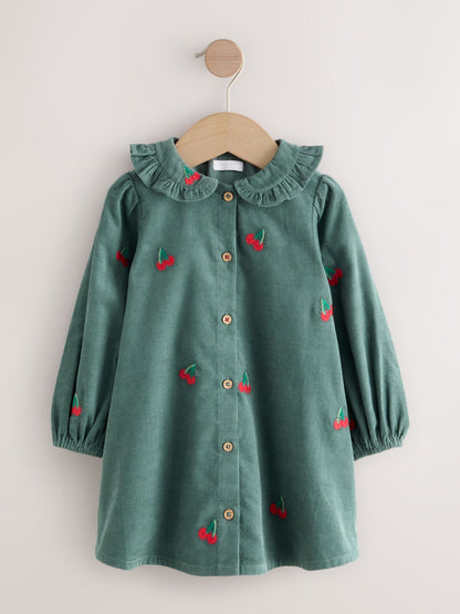 Dark Green Cherry Embroidered Cord Long Sleeve Dress (3mths-8yrs)