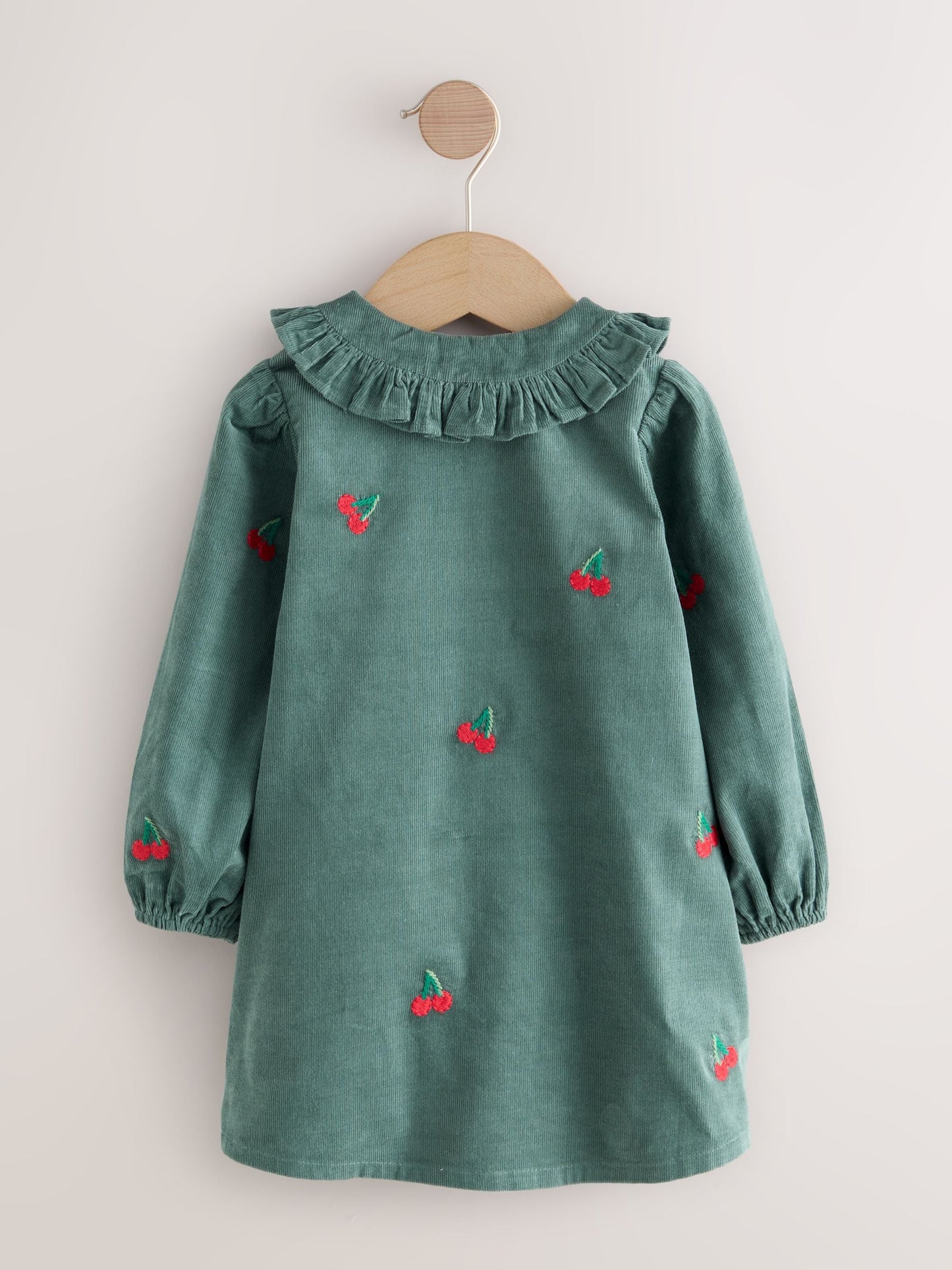 Dark Green Cherry Embroidered Cord Long Sleeve Dress (3mths-8yrs)