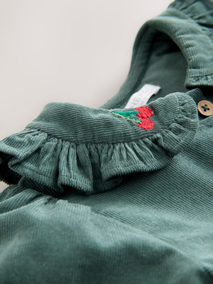 Dark Green Cherry Embroidered Cord Long Sleeve Dress (3mths-8yrs)
