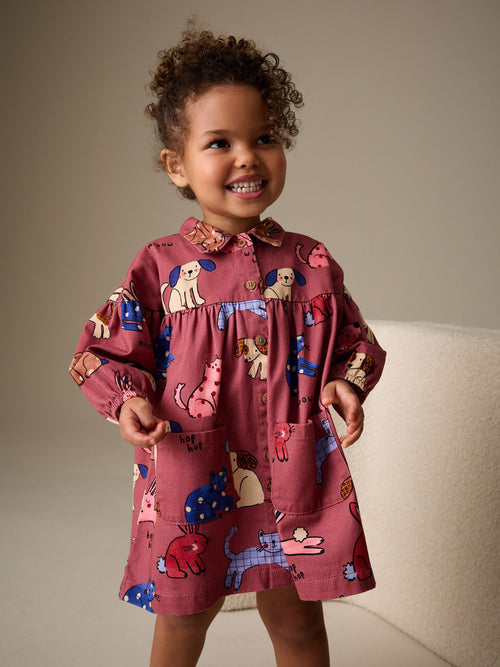 Chocolate Brown Character Long Sleeve Cotton Dress (3mths-8yrs) image 1