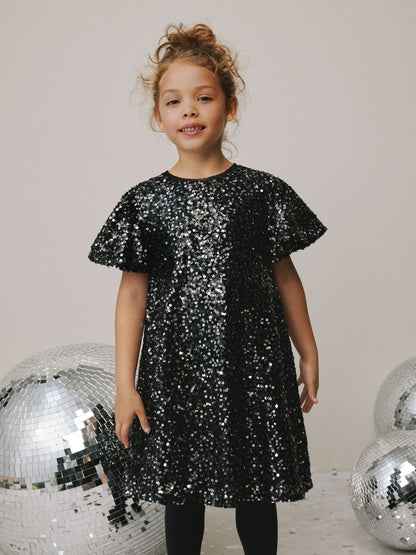 Black Angel Sleeve Sequin Party Dress (3-16yrs)