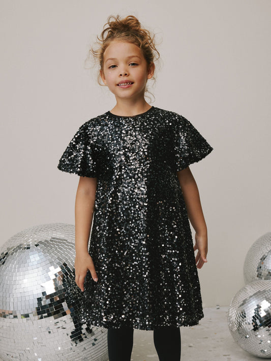 Black Angel Sleeve Sequin Party Dress (3-16yrs)
