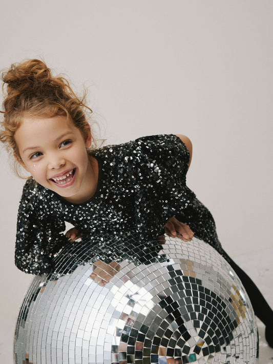 Black Angel Sleeve Sequin Party Dress (3-16yrs)