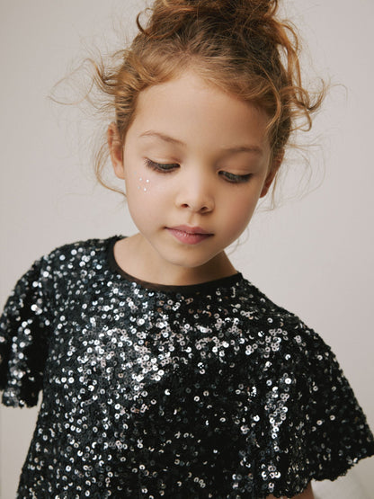 Black Angel Sleeve Sequin Party Dress (3-16yrs)