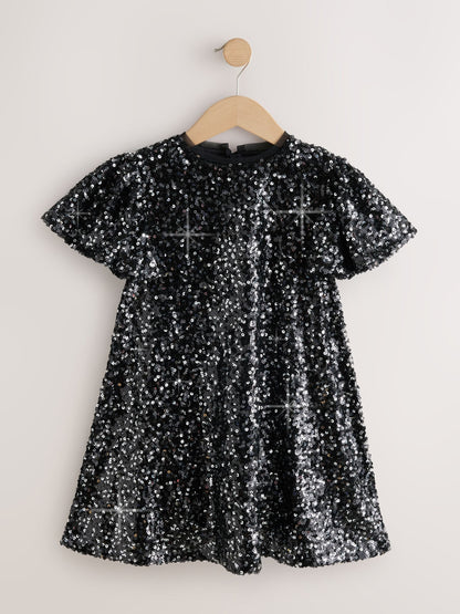 Black Angel Sleeve Sequin Party Dress (3-16yrs)