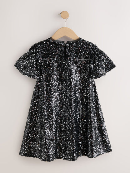 Black Angel Sleeve Sequin Party Dress (3-16yrs)