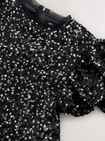 Black Angel Sleeve Sequin Party Dress (3-16yrs)