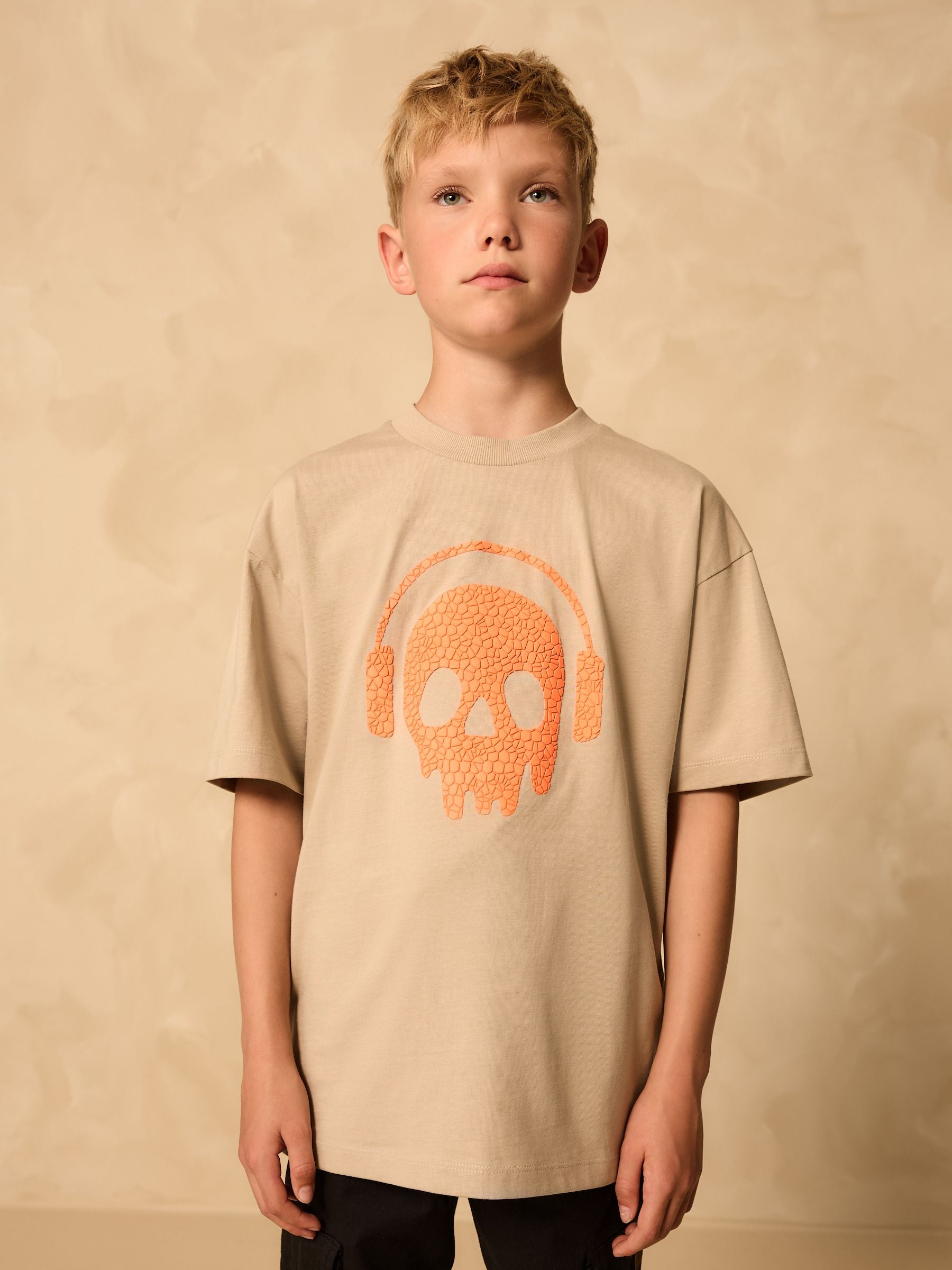 Dsiney Kidz - Stone/Orange Skull Short Sleeve Graphic T-Shirt (3-16yrs) image 1