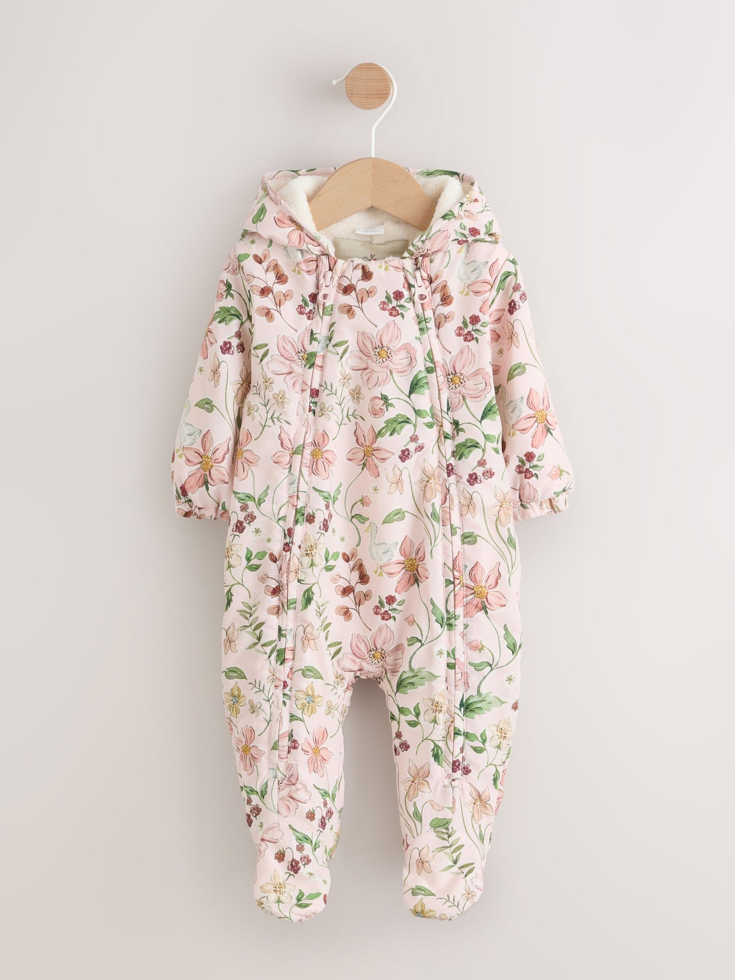 Pink Floral All-Over Printed Double Zip Baby Hooded Pramsuit (0mths-2yrs) image 1