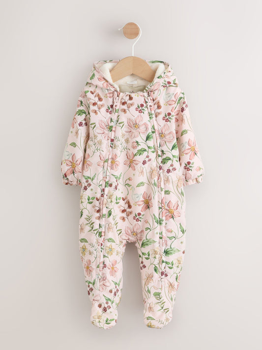 Pink Floral All-Over Printed Double Zip Baby Hooded Pramsuit (0mths-2yrs) image 1