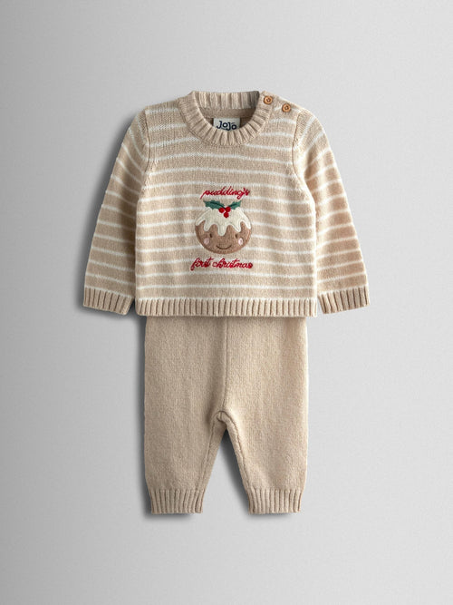 JoJo Maman Bébé Oatmeal My First Christmas Pudding Knitted Set image 1